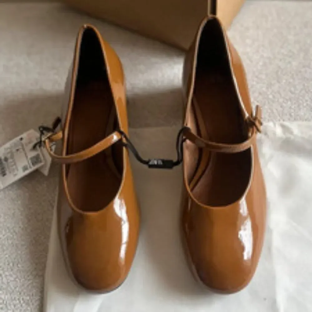 ZARA Mary Jane Patent Heels NWT – Ochre Buckled Block Heels, Size 8 & 9 - Picture 7 of 16